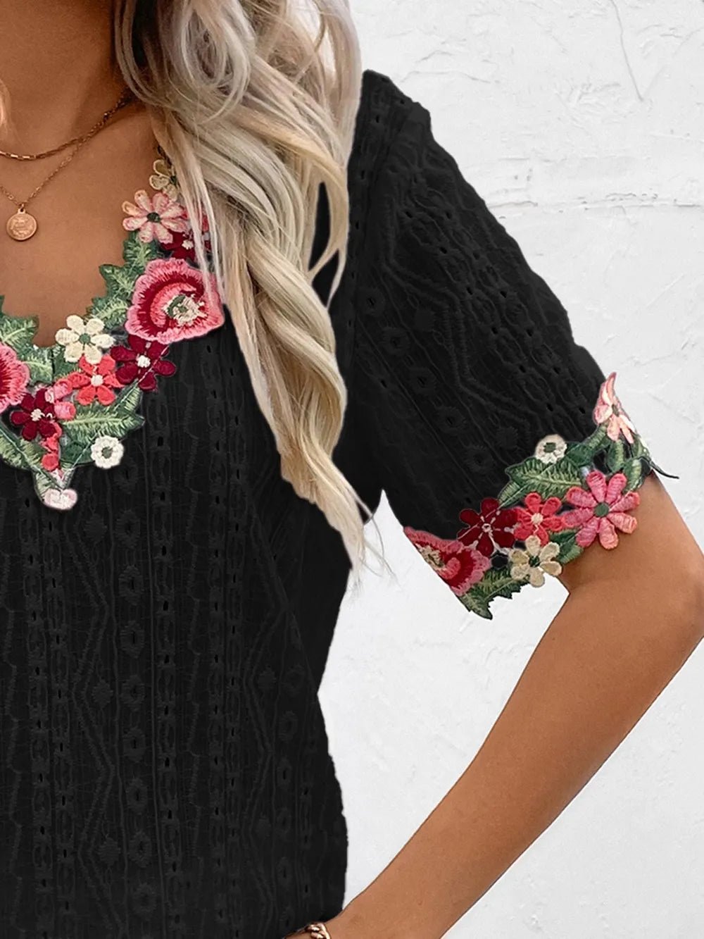 Ivy Lane Eyelet Embroidered V - Neck Short Sleeve Blouse - Blossom~n~Bloom
