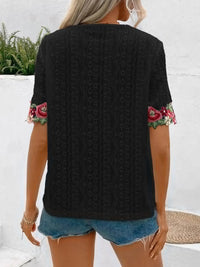 Ivy Lane Eyelet Embroidered V - Neck Short Sleeve Blouse - Blossom~n~Bloom