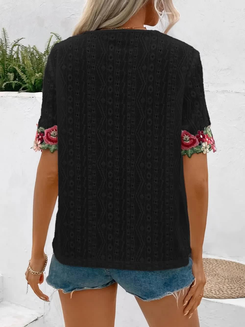 Ivy Lane Eyelet Embroidered V - Neck Short Sleeve Blouse - Blossom~n~Bloom