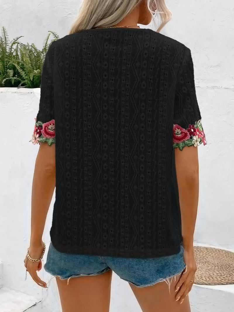 Ivy Lane Eyelet Embroidered V - Neck Short Sleeve Blouse - Blossom~n~Bloom