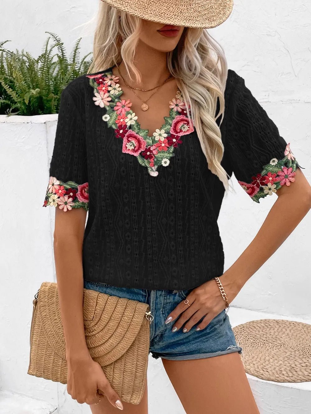 Ivy Lane Eyelet Embroidered V - Neck Short Sleeve Blouse - Blossom~n~Bloom