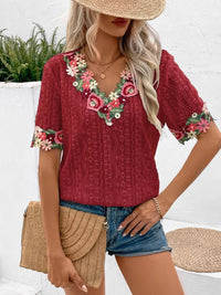 Ivy Lane Eyelet Embroidered V - Neck Short Sleeve Blouse - Blossom~n~Bloom