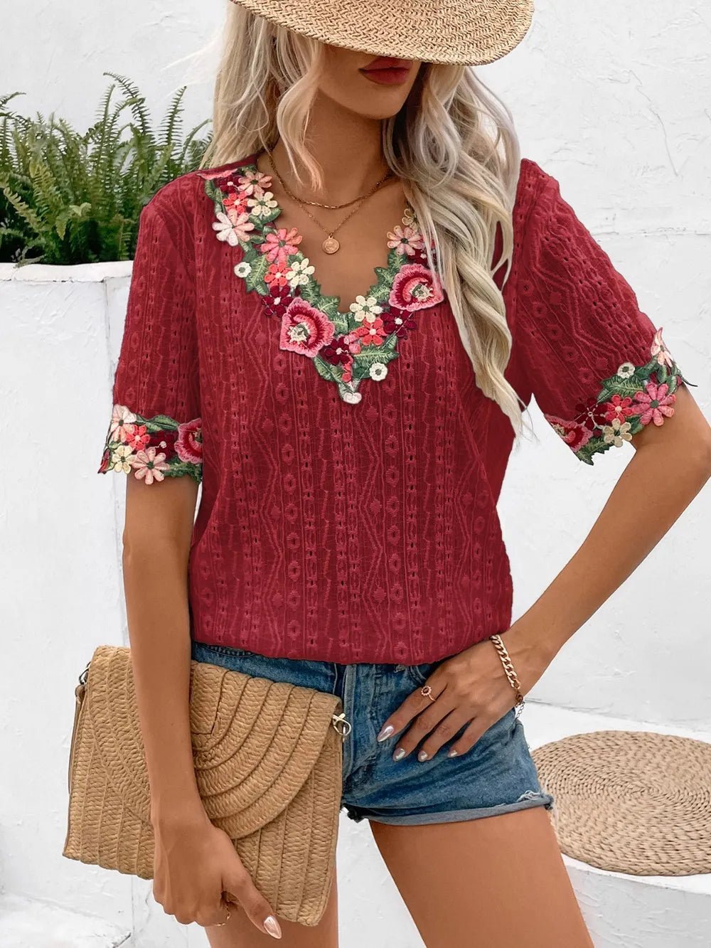 Ivy Lane Eyelet Embroidered V - Neck Short Sleeve Blouse - Blossom~n~Bloom