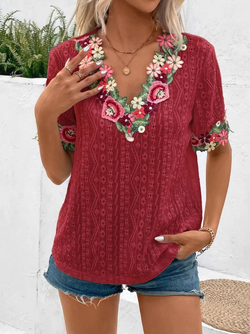Ivy Lane Eyelet Embroidered V - Neck Short Sleeve Blouse - Blossom~n~Bloom