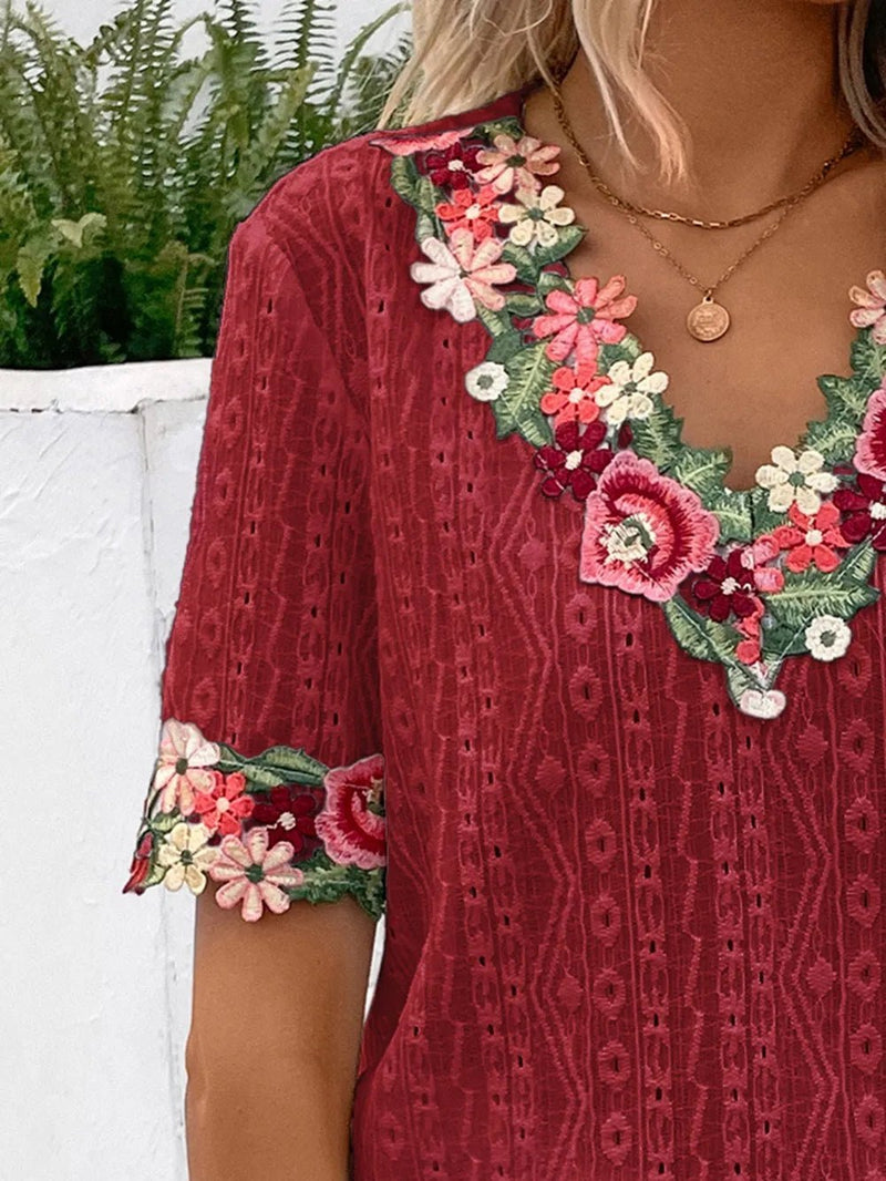 Ivy Lane Eyelet Embroidered V - Neck Short Sleeve Blouse - Blossom~n~Bloom