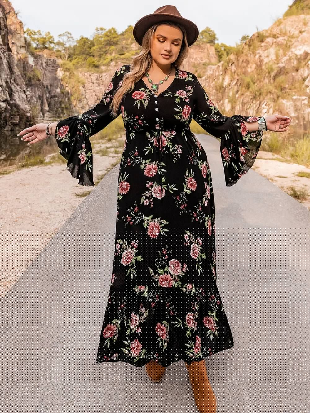 Plus Size Floral Flare Sleeve Dress - Blossom~n~Bloom