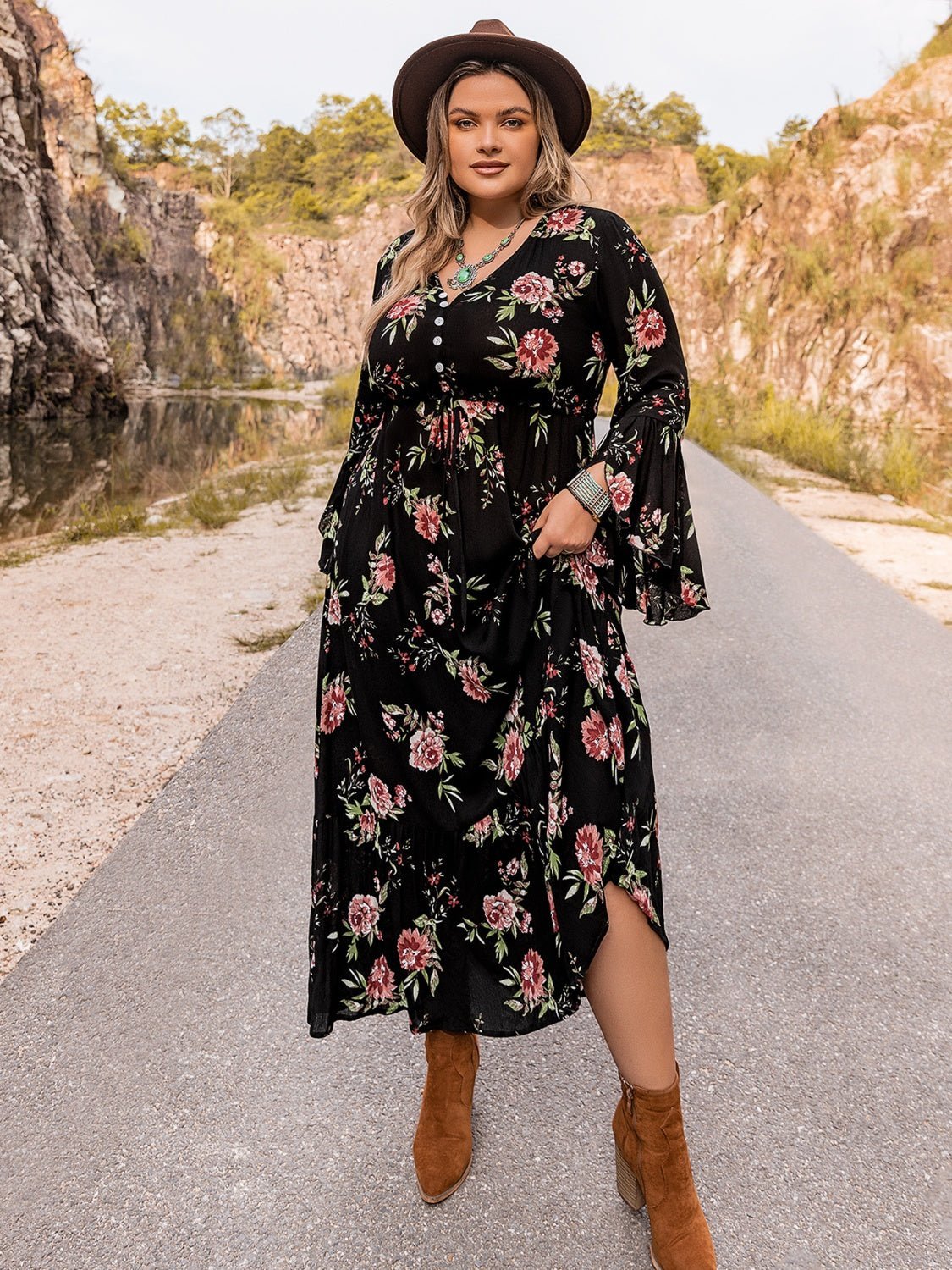 Plus Size Floral Flare Sleeve Dress - Blossom~n~Bloom