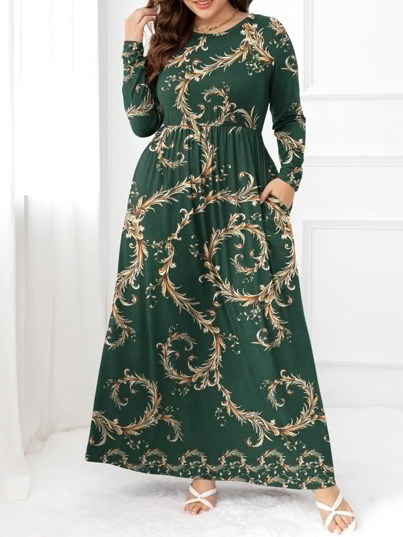 Plus Size Round Neck Maxi Dress with Pockets - Blossom~n~Bloom