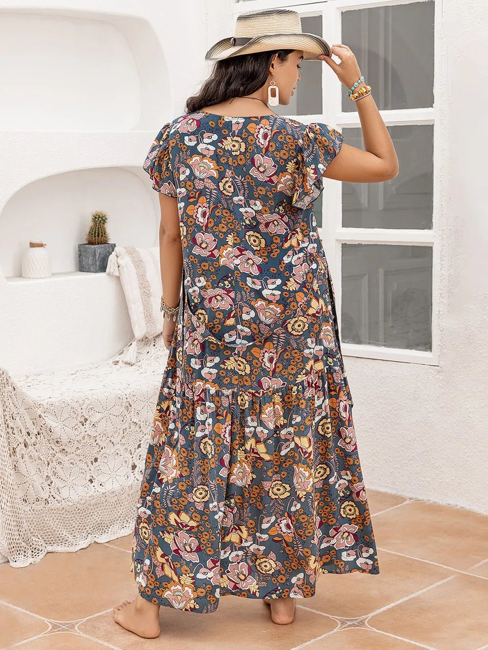 Plus Size Ruffled Printed Cap Sleeve Dress - Blossom~n~Bloom