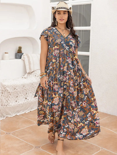 Plus Size Ruffled Printed Cap Sleeve Dress - Blossom~n~Bloom