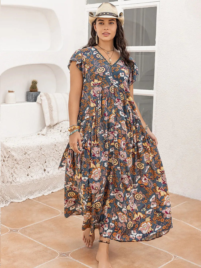 Plus Size Ruffled Printed Cap Sleeve Dress - Blossom~n~Bloom