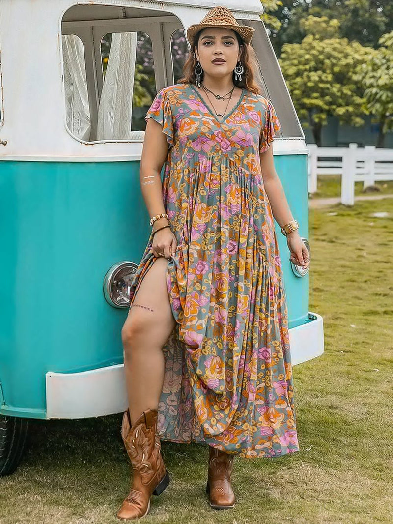 Plus Size Ruffled Printed Cap Sleeve Dress - Blossom~n~Bloom