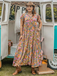 Plus Size Ruffled Printed Cap Sleeve Dress - Blossom~n~Bloom