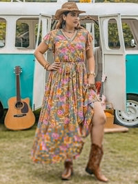Plus Size Ruffled Printed Cap Sleeve Dress - Blossom~n~Bloom