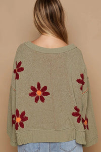 POL V - Neck Floral Pattern Chenille Sweater - Blossom~n~Bloom