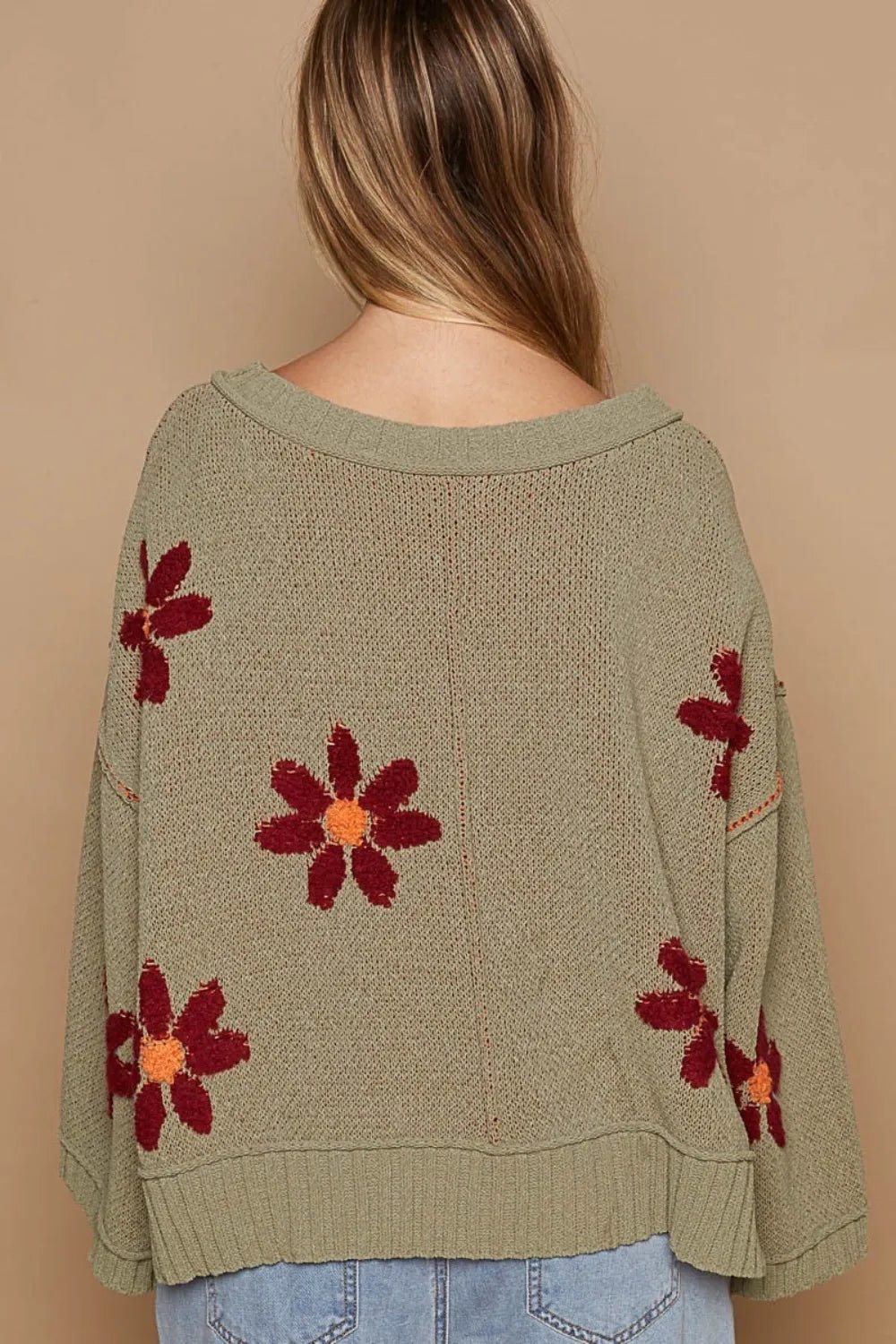 POL V - Neck Floral Pattern Chenille Sweater - Blossom~n~Bloom