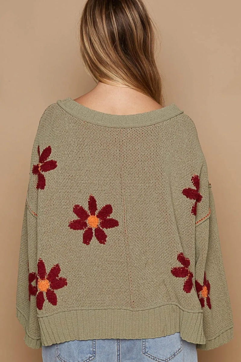 POL V - Neck Floral Pattern Chenille Sweater - Blossom~n~Bloom