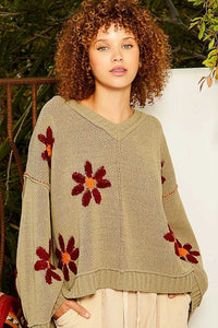 POL V - Neck Floral Pattern Chenille Sweater - Blossom~n~Bloom