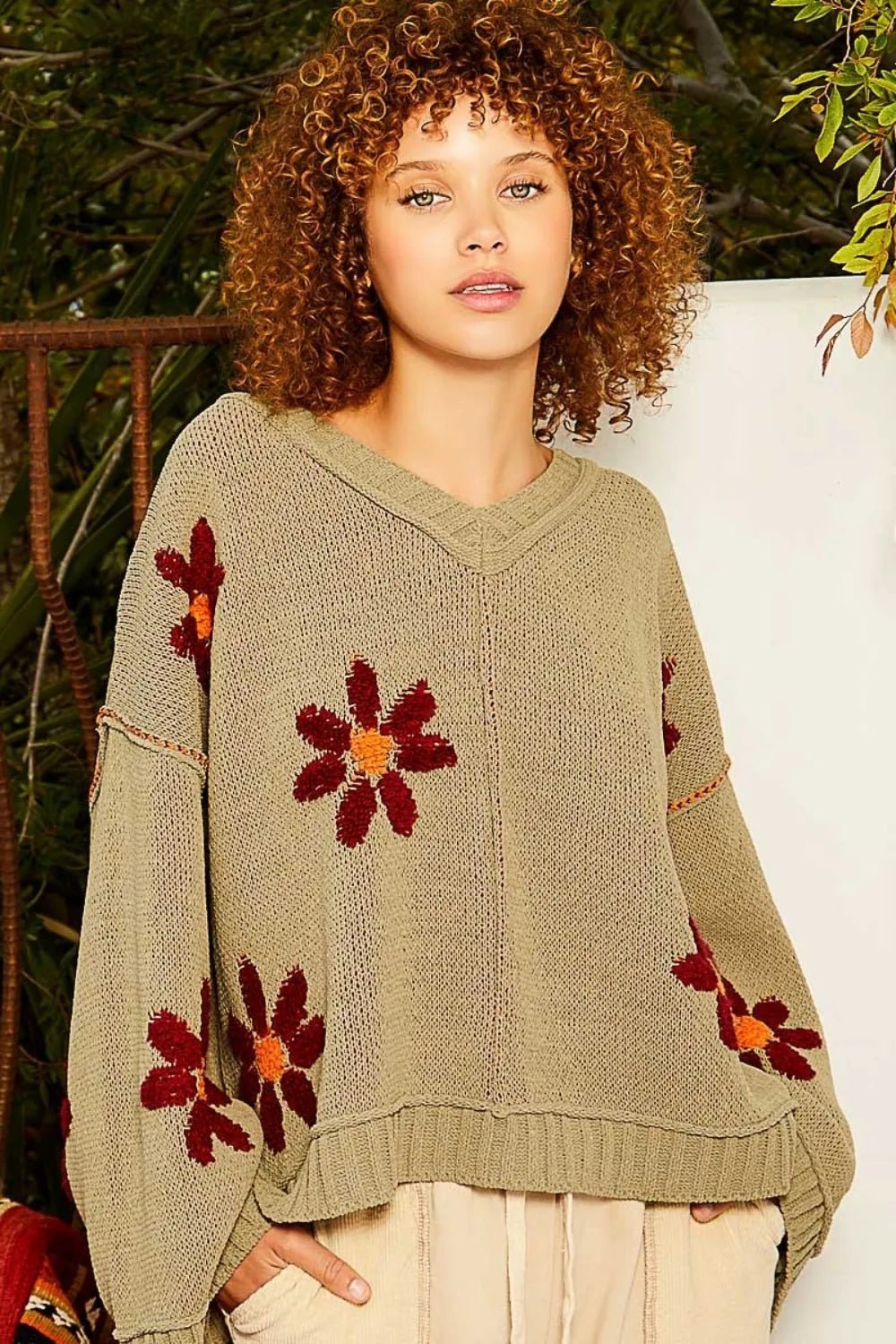 POL V - Neck Floral Pattern Chenille Sweater - Blossom~n~Bloom
