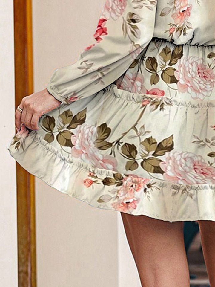 Printed Tie Neck Long Sleeve Dress - Blossom~n~Bloom