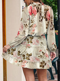 Printed Tie Neck Long Sleeve Dress - Blossom~n~Bloom
