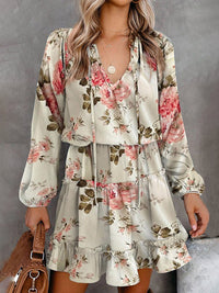 Printed Tie Neck Long Sleeve Dress - Blossom~n~Bloom