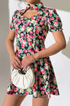 Shiny Floral Buttoned Cutout Puff Sleeve Dress - Blossom~n~Bloom