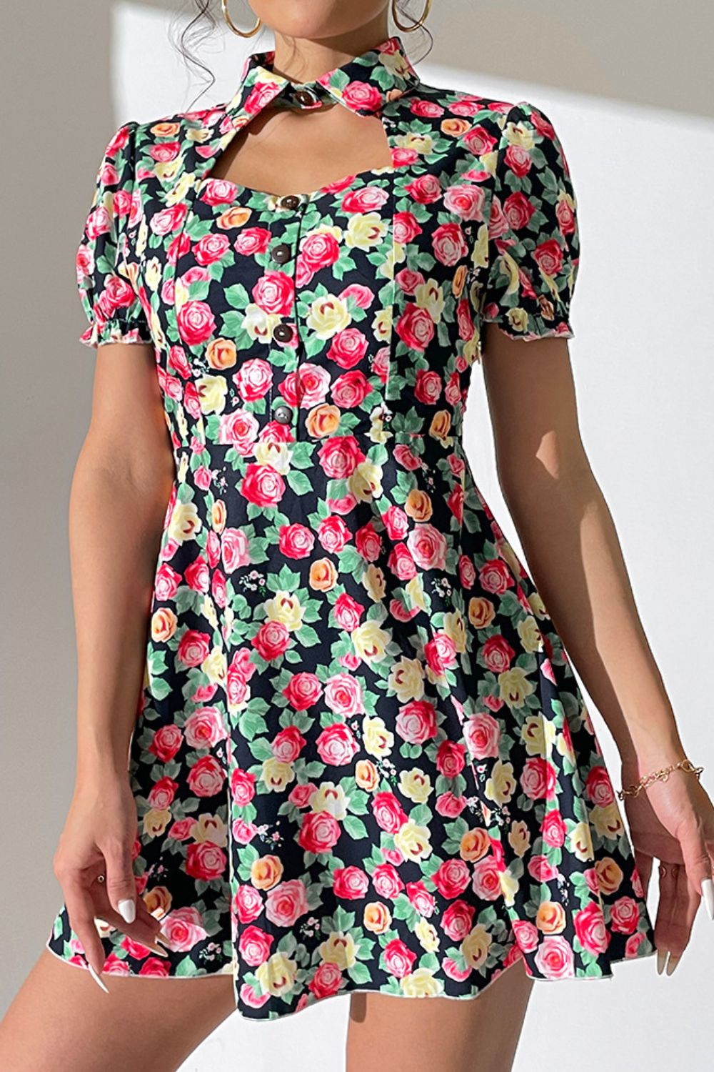 Shiny Floral Buttoned Cutout Puff Sleeve Dress - Blossom~n~Bloom