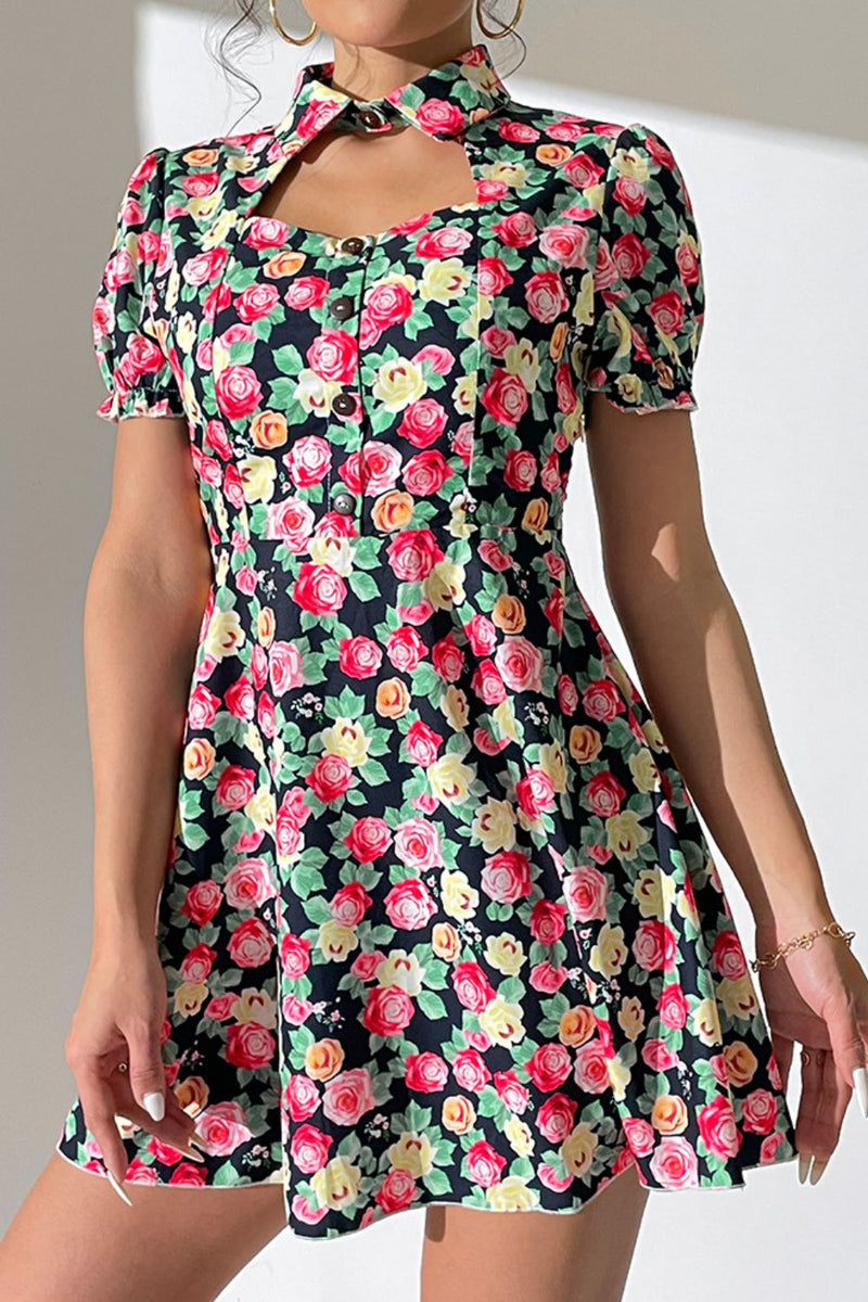 Shiny Floral Buttoned Cutout Puff Sleeve Dress - Blossom~n~Bloom