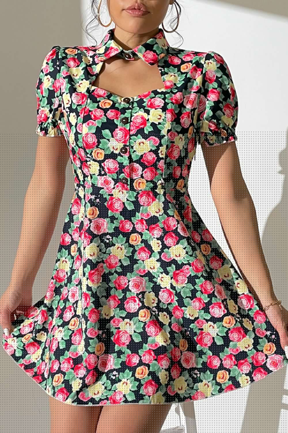 Shiny Floral Buttoned Cutout Puff Sleeve Dress - Blossom~n~Bloom