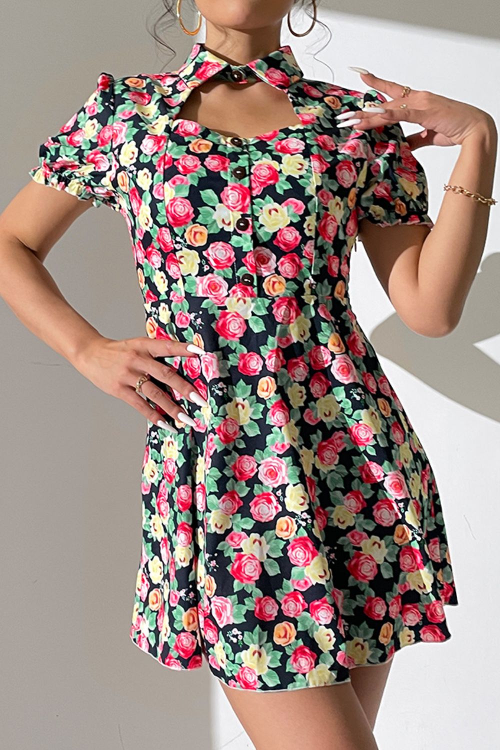 Shiny Floral Buttoned Cutout Puff Sleeve Dress - Blossom~n~Bloom