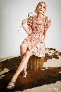 Umgee Floral Print Puff Sleeve Mini Dress - Blossom~n~Bloom