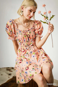 Umgee Floral Print Puff Sleeve Mini Dress - Blossom~n~Bloom