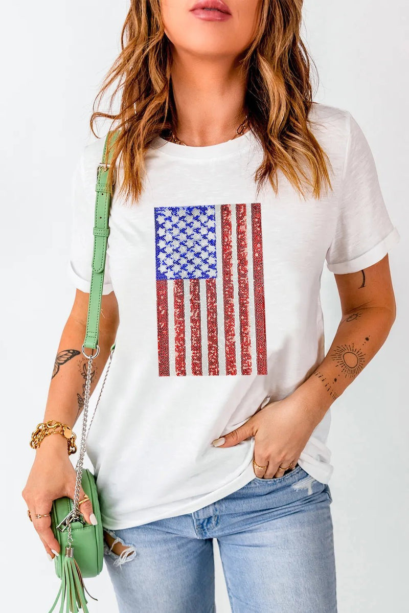 US Flag Round Neck Short Sleeve T-Shirt - Blossom~n~Bloom